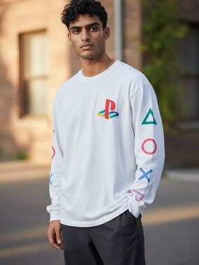 PlayStation Logo Long Sleeve Shirt White Adult L • PS1 Retro Gaming Tee